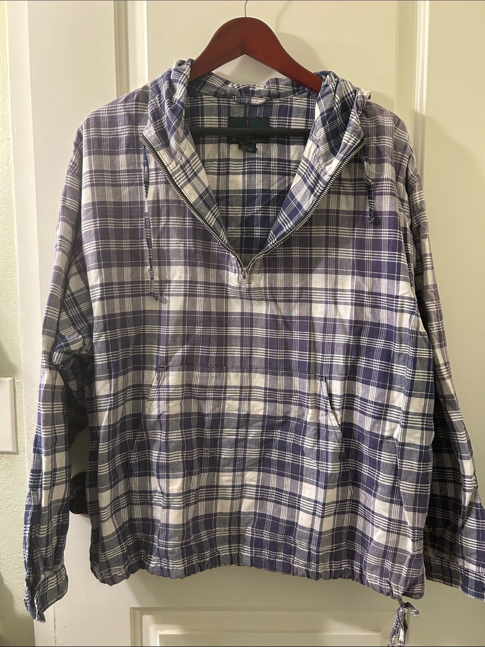 J. Crew Men's Plaid Madras Hooded Pullover - Navy & White, Sz M